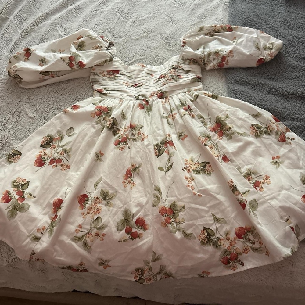 Abercrombie & Fitch White Strawberry Floral Puff-Sleeve Mini Dress